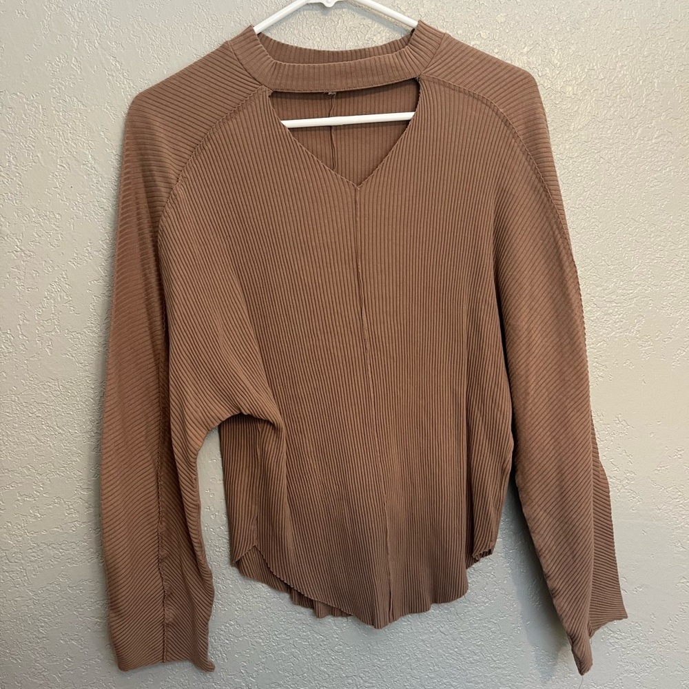 Brown Ribbed Neck Cutout Top